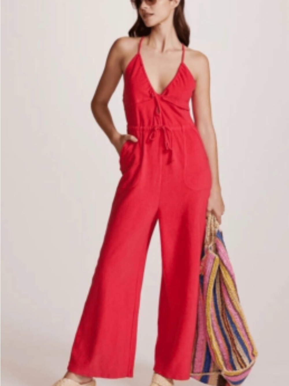 Daily Practice Hot Pink Spaghetti-Strap Wide-Leg Jumpsuit with Drawstring Waist